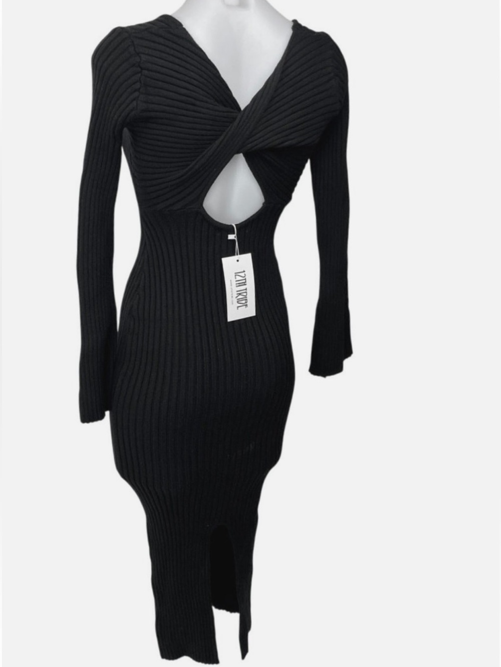 12th Tribe Black Rib Knit Cutout Long Sleeve Midi Bodycon Sweater Dress Size S